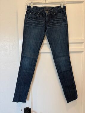 Frankie B. Dark Indigo Skinny Jeans with Frayed Hem